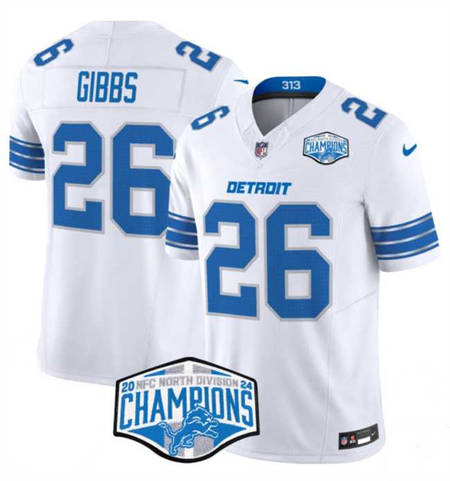 Mens Detroit Lions #26 Jahmyr Gibbs White 2024 NFC North Champions F.U.S.E. Vapor Limited Stitched Jersey